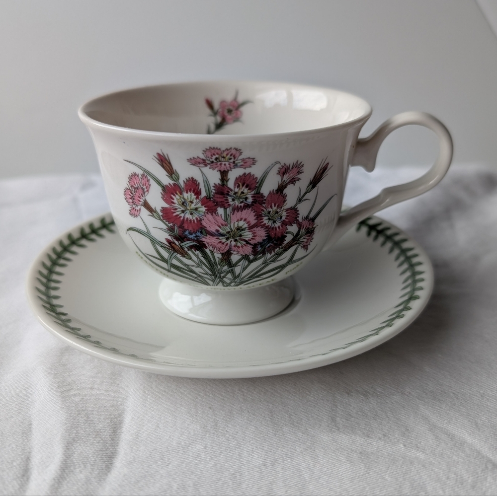 Portmeirion Botanic Garden Pinks Dianthus Footed Cup and Saucer Set Discontinued